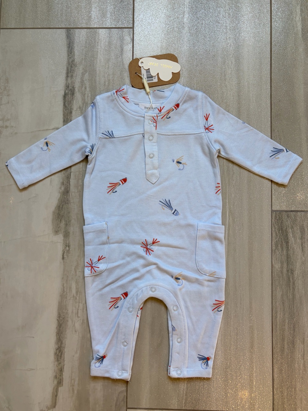 NWT Angel Dear Full Length Textured Baby Blue Fishing Lure Romper Boys 0-3M